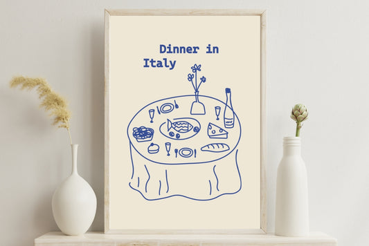 Blue hand-drawn Italian dinner poster featuring food on the table