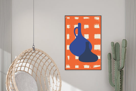 Minimalist digital wall art with blue vases