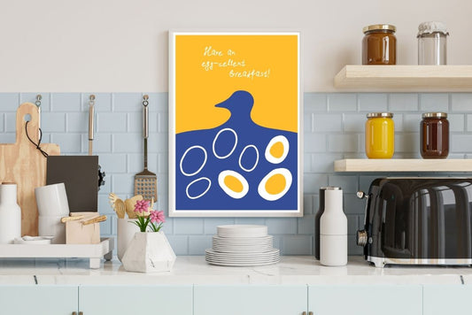 Quirky blue and yellow chicken and eggs poster for kitchen wall decor