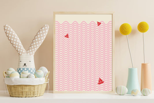 Abstract nautical wall art print with red sailboats and pink waves