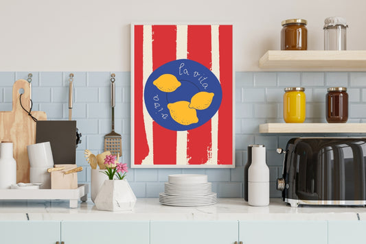 Mediterranean wall art poster with handwritten 'Viva la vita' quote, yellow lemons, and Italian kitchen decor in cheerful colors