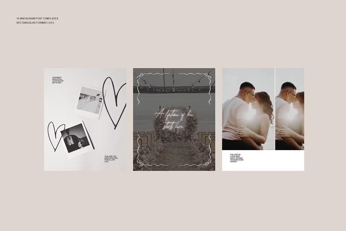 Instagram wedding portrait post templates have editable text, fonts, colors, and images