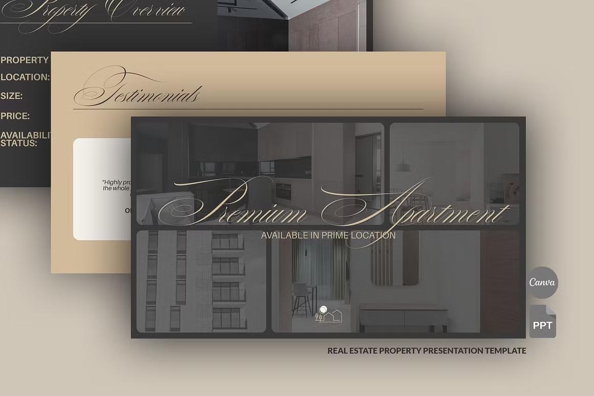 Classy real estate property presentation template in Canva and MS PowerPoint