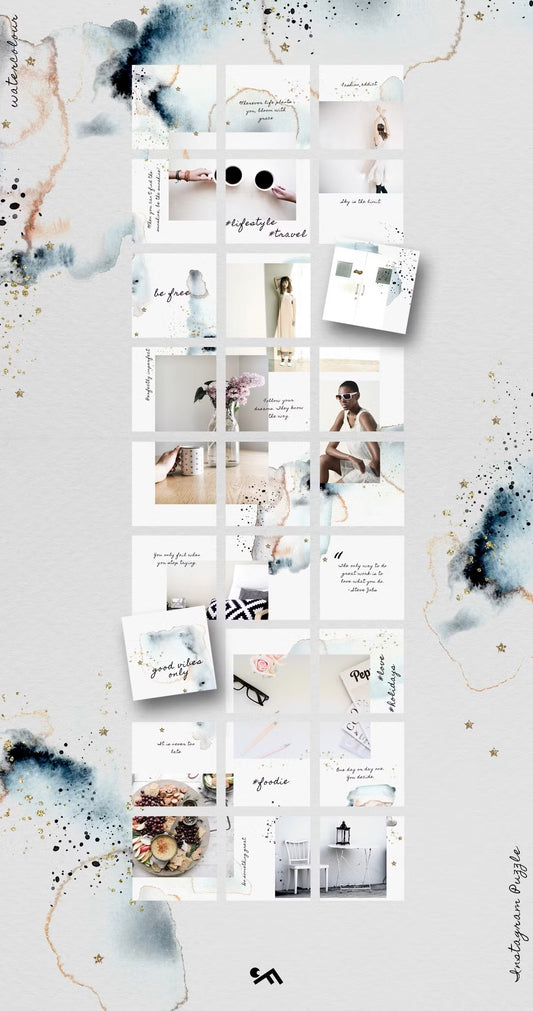 Customizable Instagram grid layout watercolor-style tailored for fashion, lifestyle, and travel content