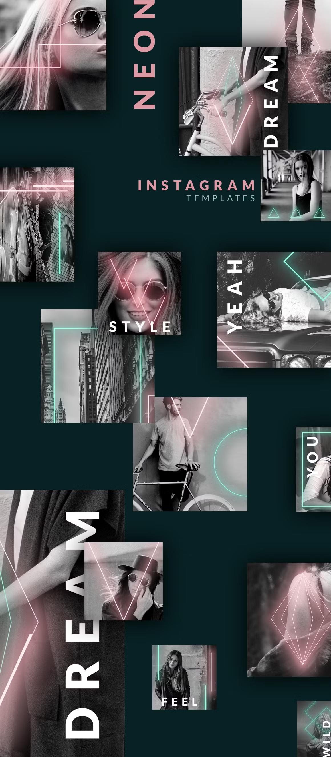 Trendy neon lights overlay Instagram post templates - Neon 90s