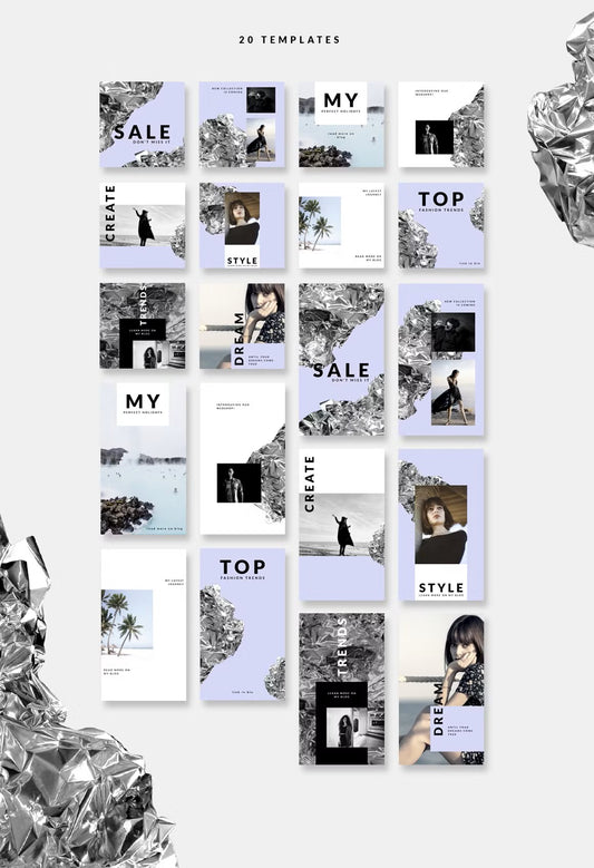 20 Customizable Instagram templates (10 Instagram posts) and (10 Instagram stories) in trendy silver foil style