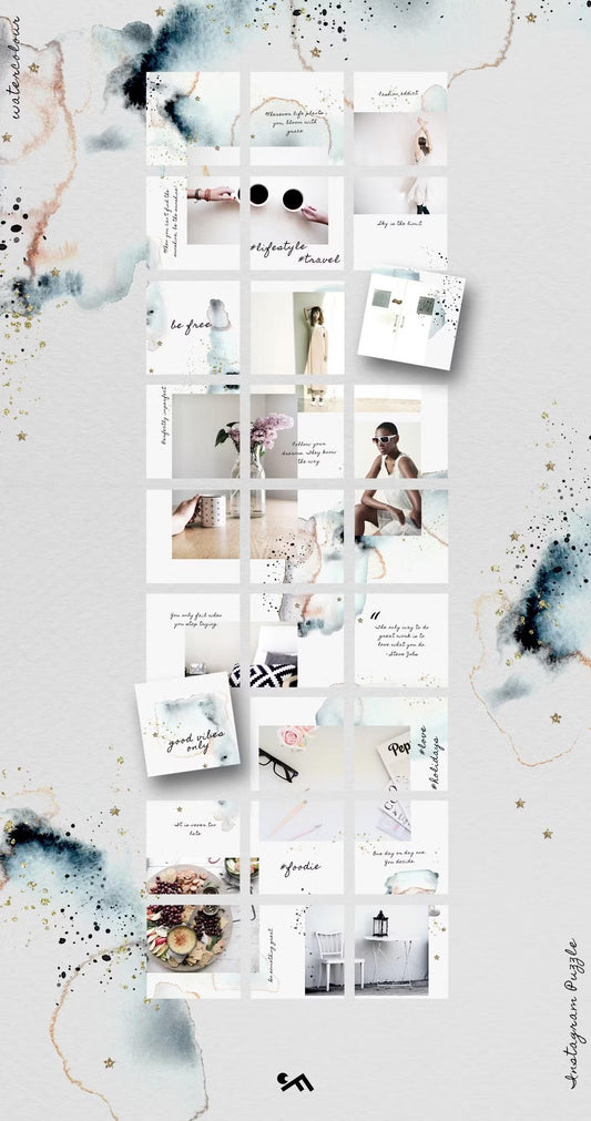 Watercolor grid layout Instagram puzzle template editable in Adobe Photoshop