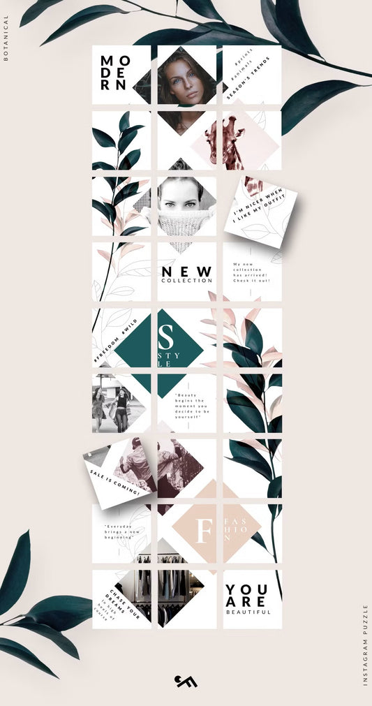 Instagram puzzle template with grid layout featuring minimal fashion, lifestyle, and floral leaves, 27 Instagram post templates