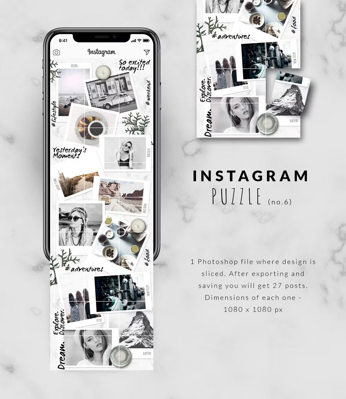 Stylish Instagram puzzle template: instant photo style editable in Adobe Photoshop