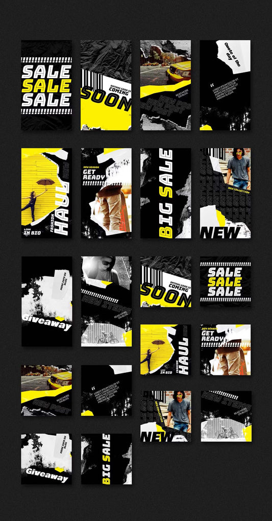 Instagram post and story templates in dark mode includes 10 Photoshop square templates for Instagram posts and 10 templates for Instagram stories