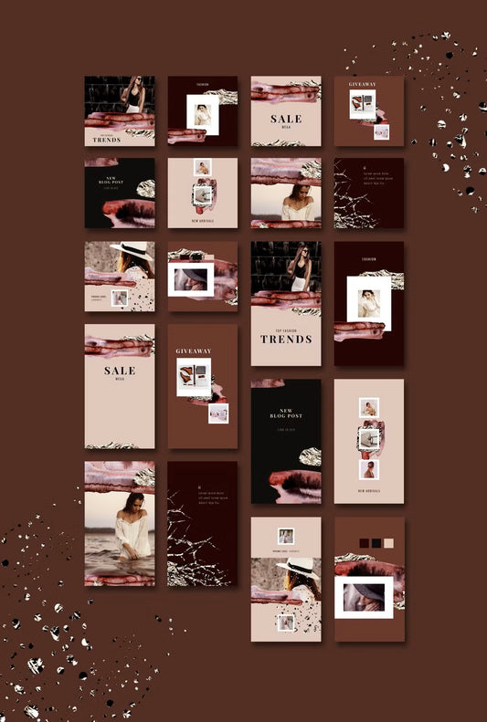 Fashion-inspired 10 Instagram story and 10 posts templates with foil and watercolor elements
