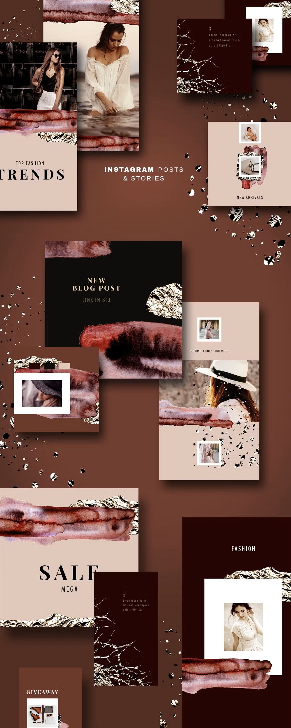 Transform your Instagram feed with these elegant watercolor and foil-themed Instagram story and post templates