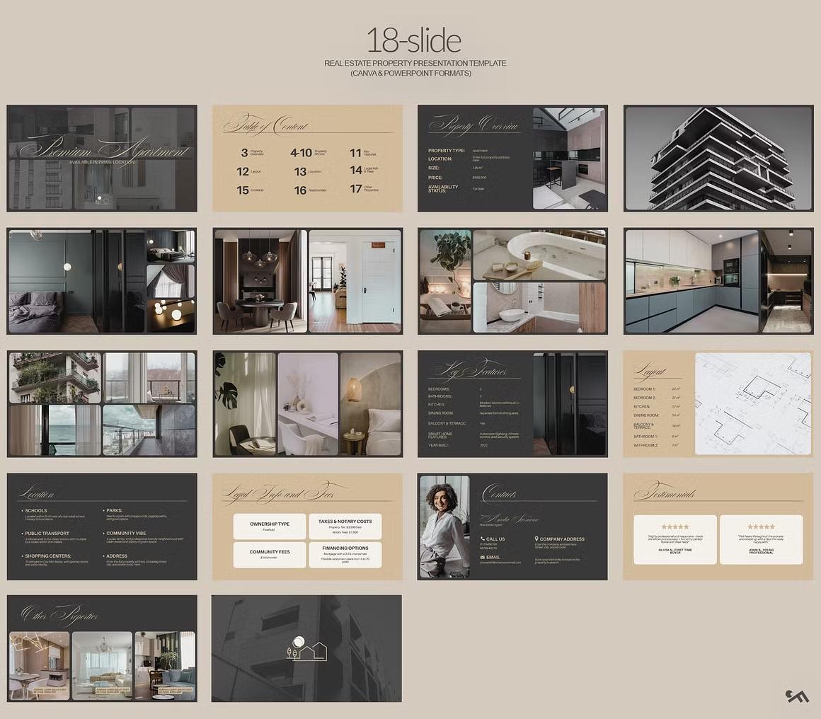 Set of classy real estate property presentation templates in Canva and MS PowerPoint