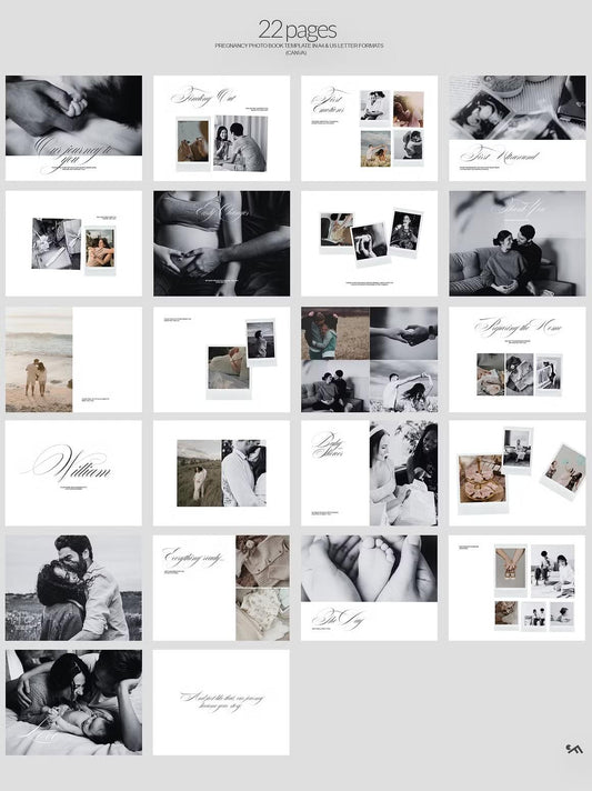 Set of 22-page pregnancy photo album design with clean layouts
