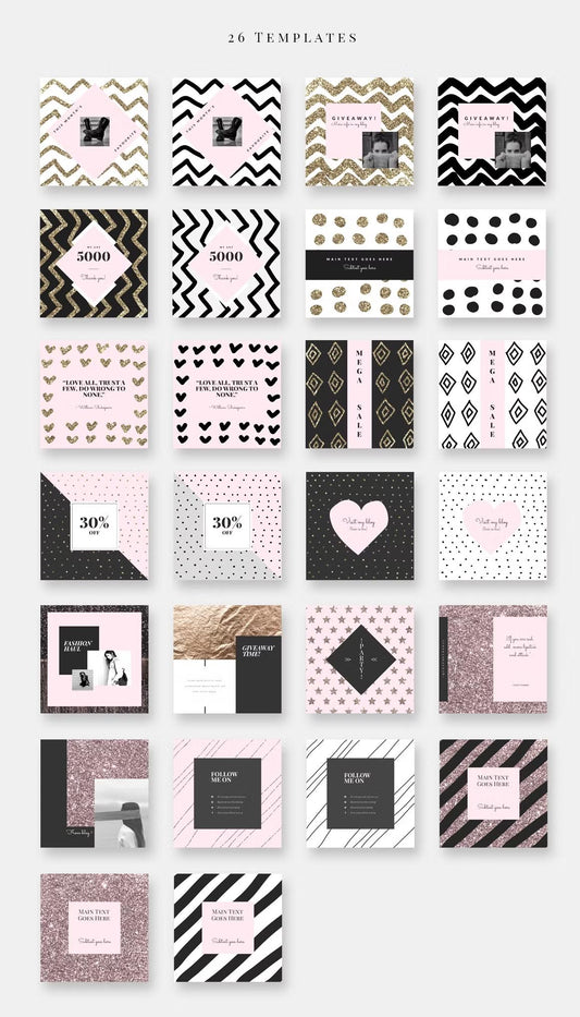 Create a stunning Instagram posts with our 20 gold rose, gold & pink Instagram post templates