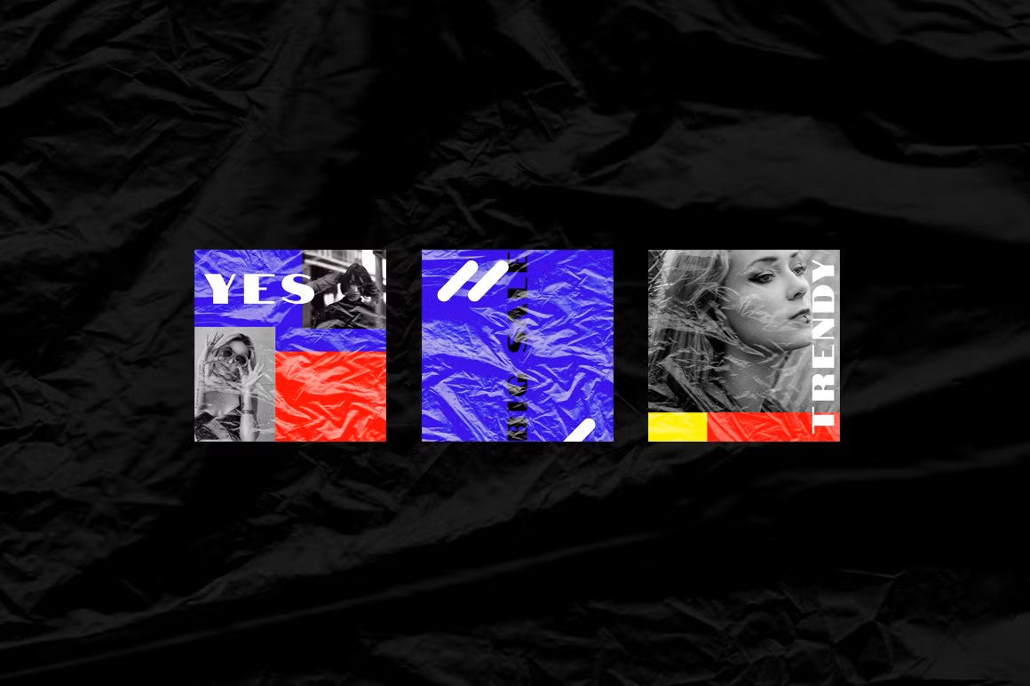 Trendy modern Instagram posts templates in slick plastic wrap style, ideal for boutique owners and photographers seeking vibrant visuals