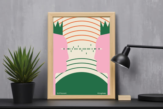 Two kings facing each other illustrated poster displayed as modern royal wall art for home decor