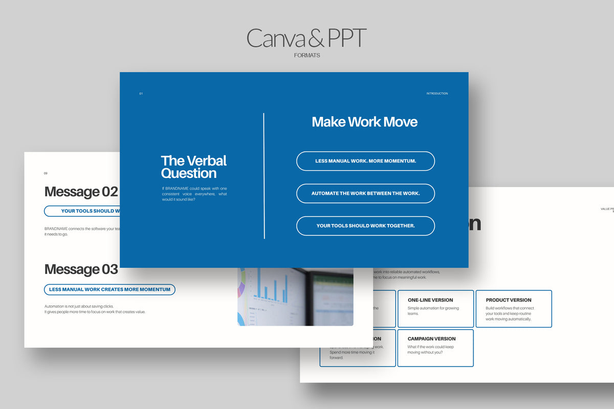 Verbal identity template previews showing three presentation pages for brand voice, messaging strategy, and tone of voice