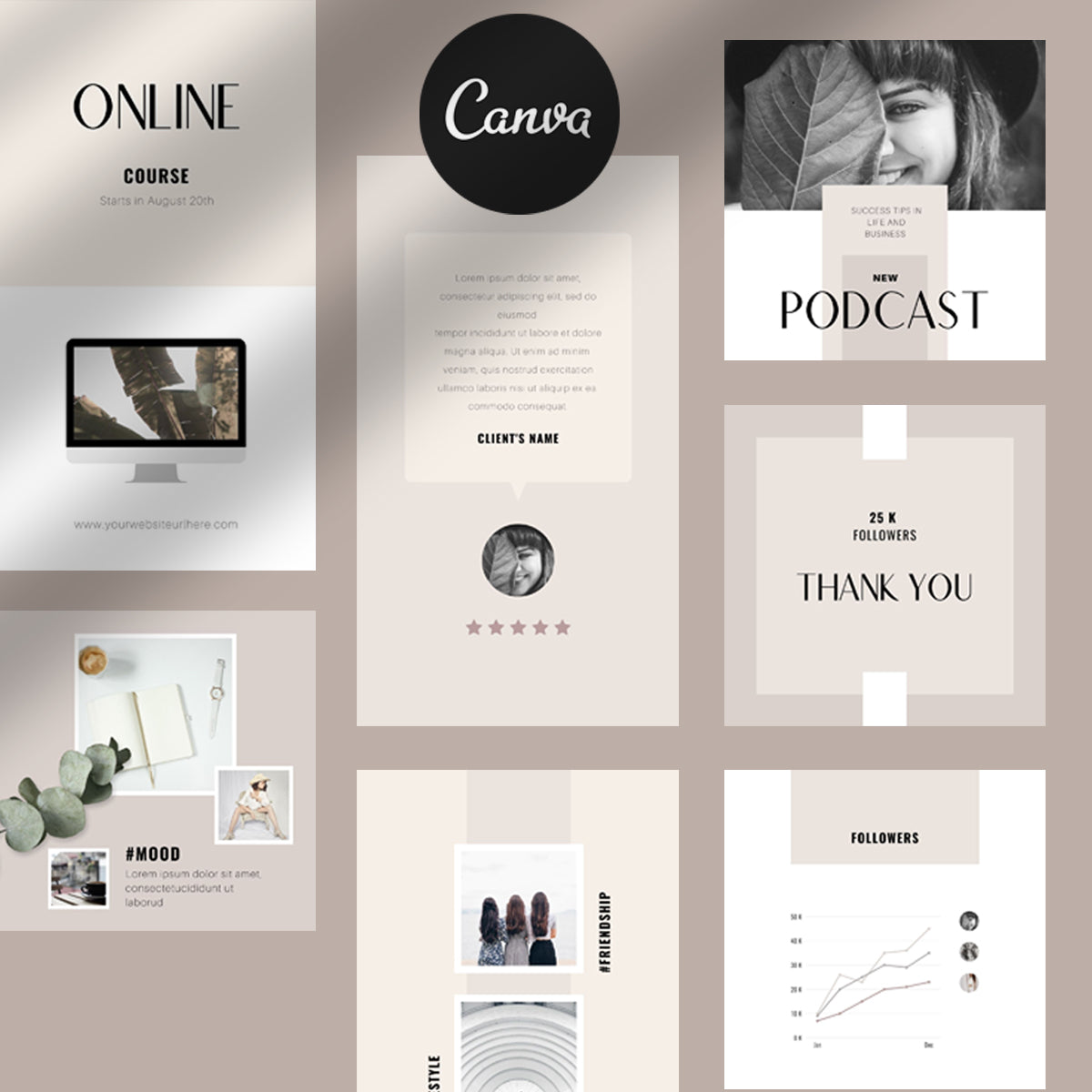 Customizable Canva templates featuring modern and minimalistic designs, including clean and sleek styles for coaches and course creators