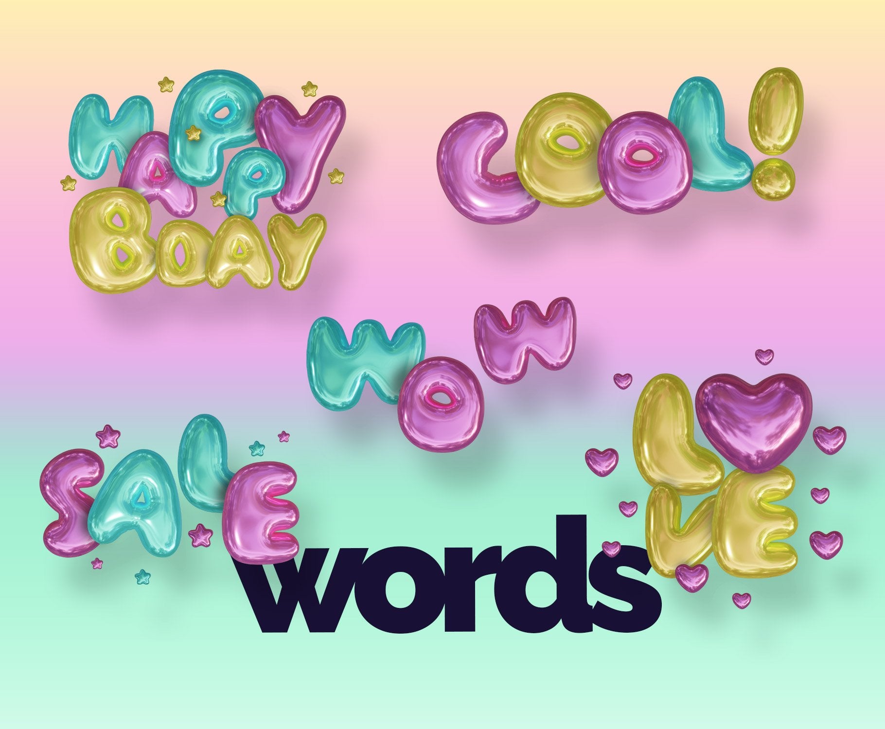 3D Glossy Words, Stars and Hearts in Pink, Teal and Yellow Colors