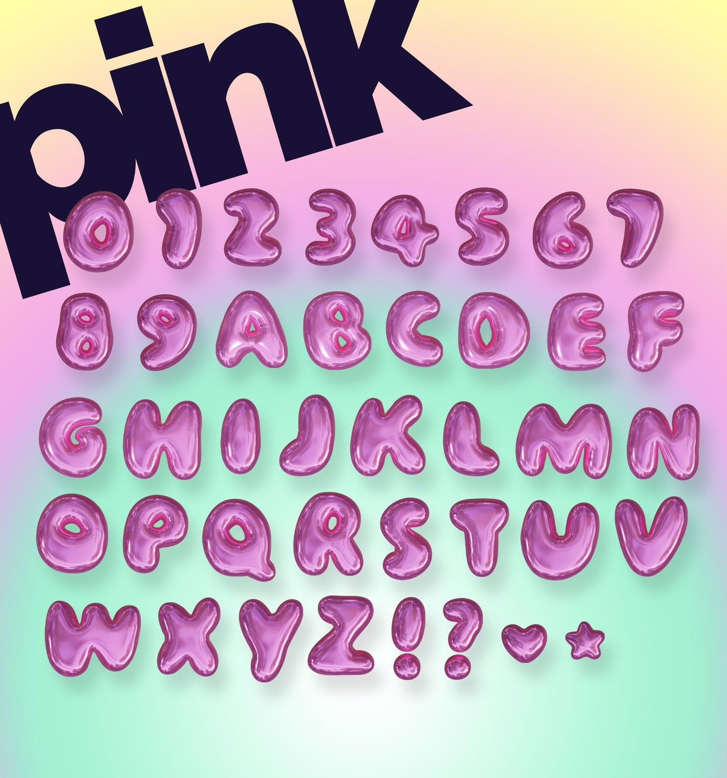 Set of Pink Color 3D Glossy Letters, Numbers, Stars and Hearts