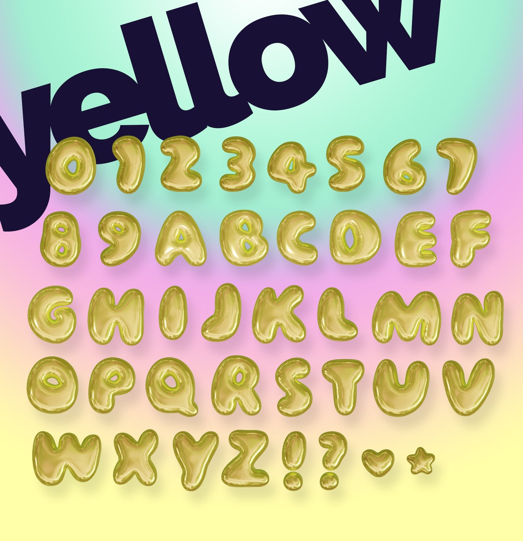 Set of Yellow Color 3D Glossy Letters, Numbers, Stars and Hearts