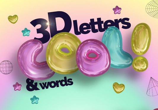 3D Glossy Letters, Numbers, Stars and Hearts in Pink, Teal and Yellow Colors