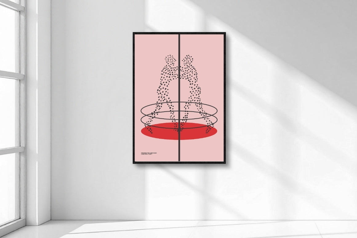Framed modern minimal poster of two figures on a pink background