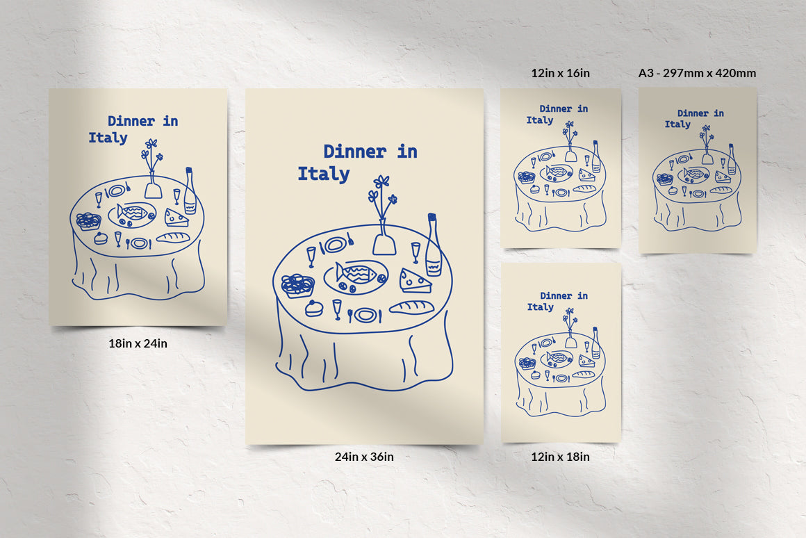 Set of hand-drawn Italian dinner poster with food on the table in blue 