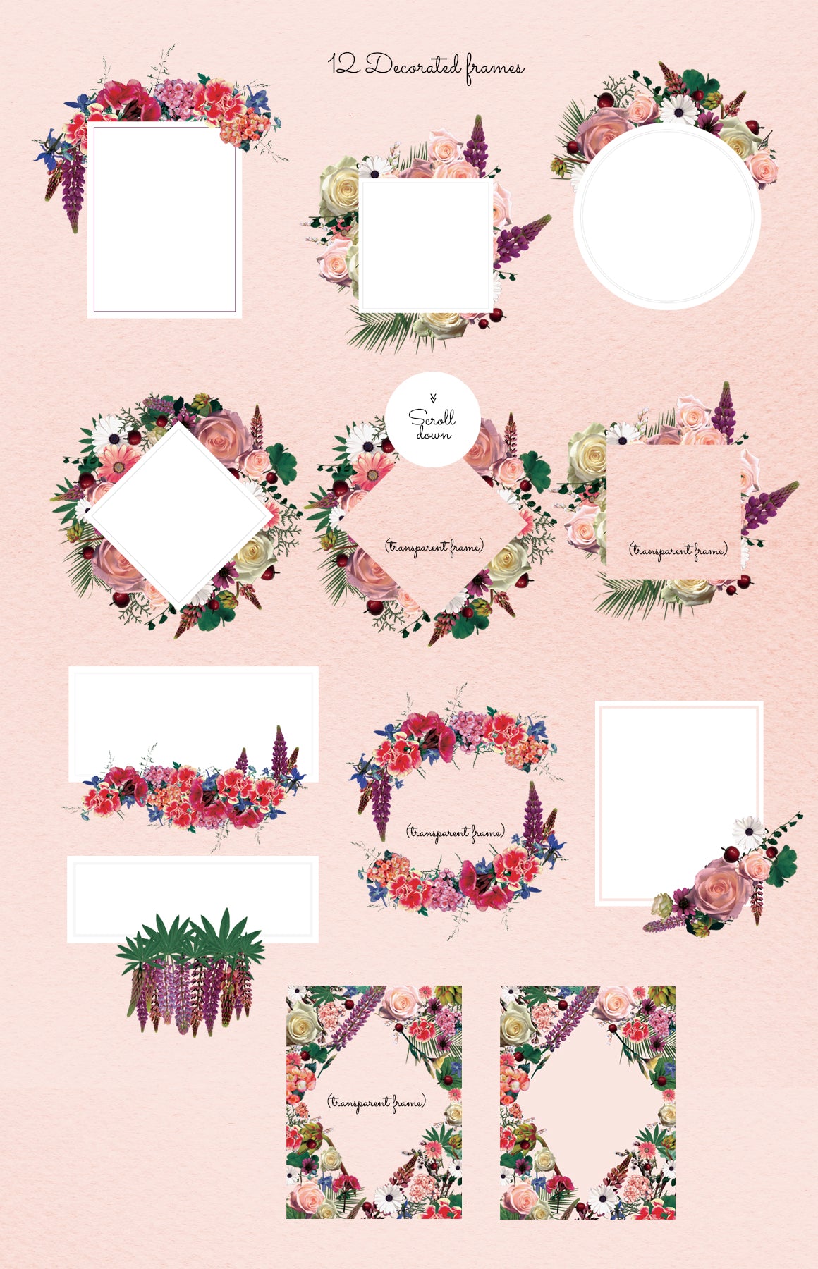 12 Boho flowers decorated frames