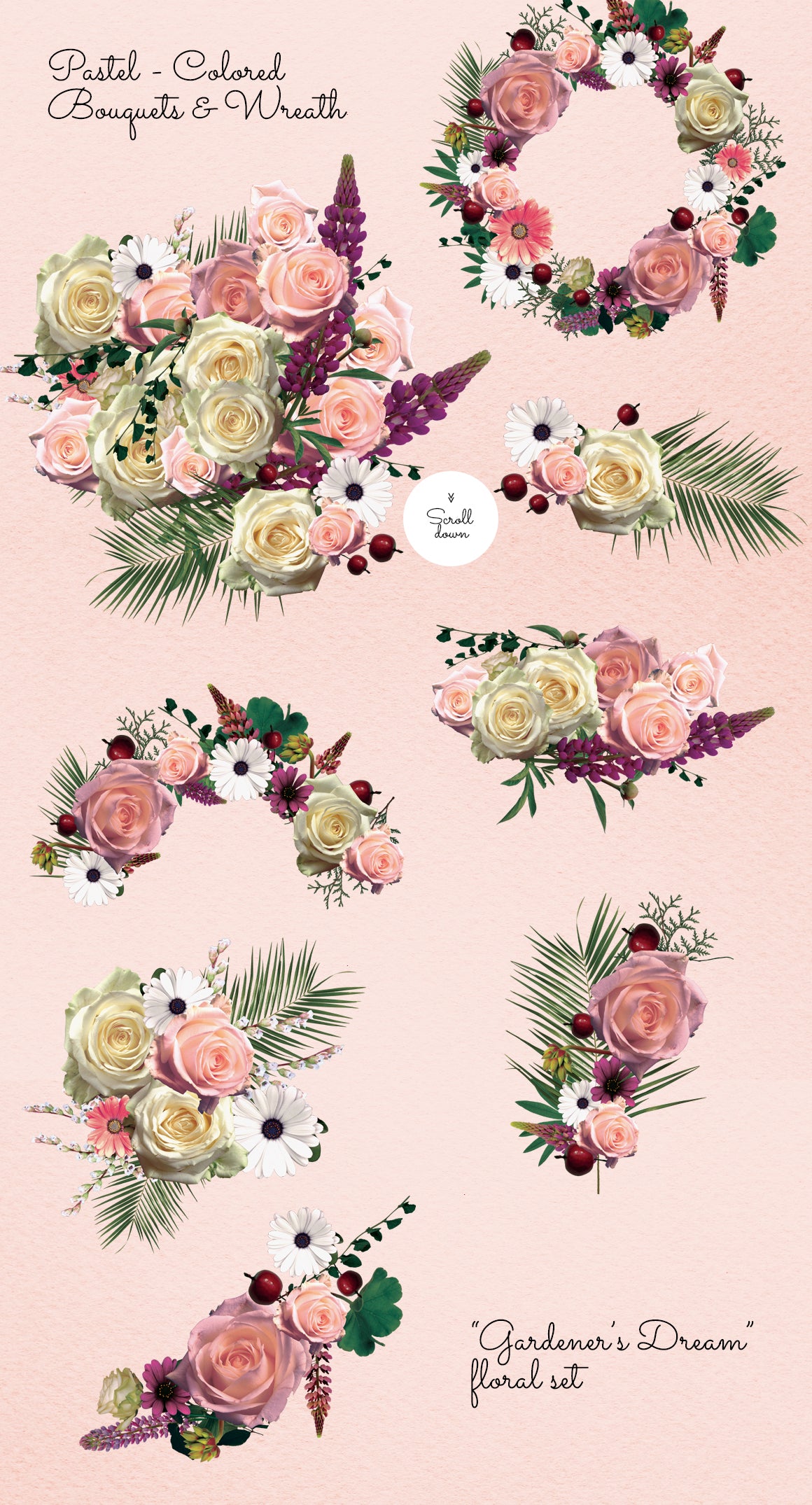 Gardener's Dream - real flowers clipart set in pastel, burgundy, and greeny shades