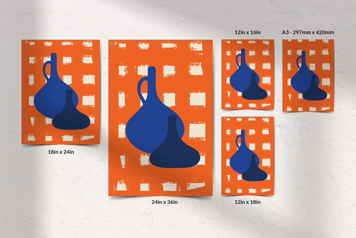 Set of modern blue vase poster on orange background in different sizes 