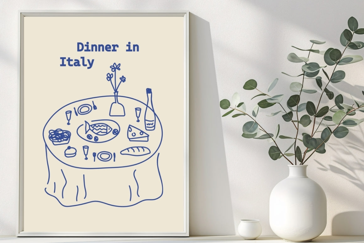 Mediterranean dining room decor with blue Italian dinner poster