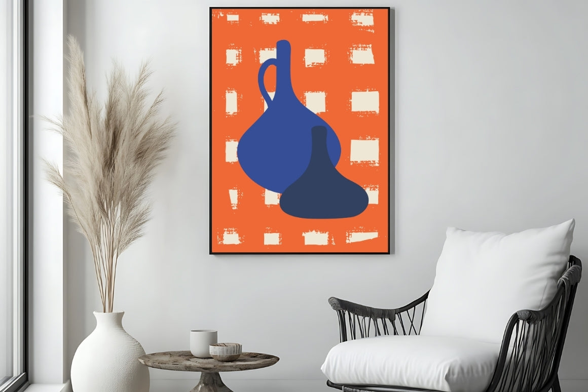 Modern blue vase poster on orange background