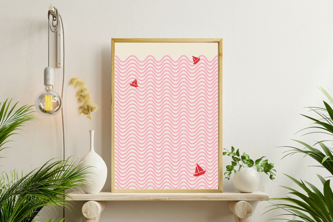 Abstract red sailboats on pink waves modern wall art printable