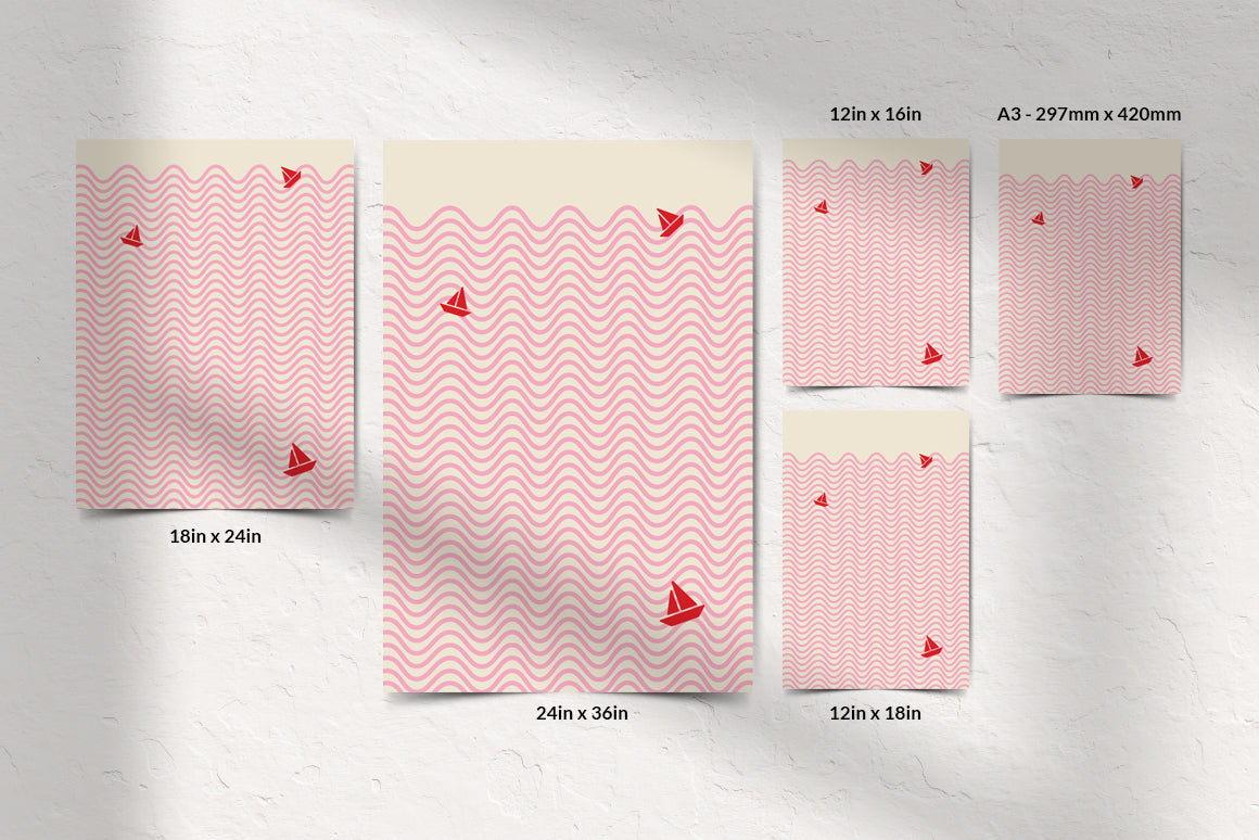 Set of modern pink waves and red sailboats posters in different sizes for coastal home decor.