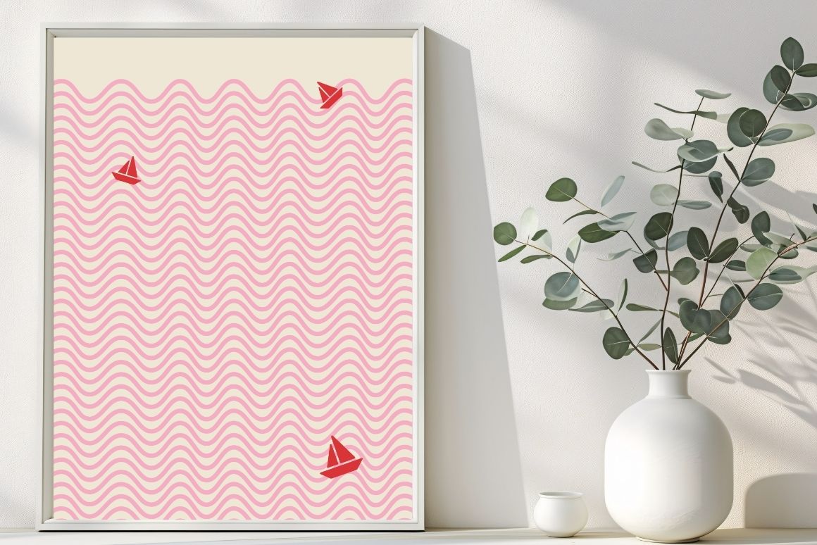 Contemporary coastal wall decor poster in pink and red hues