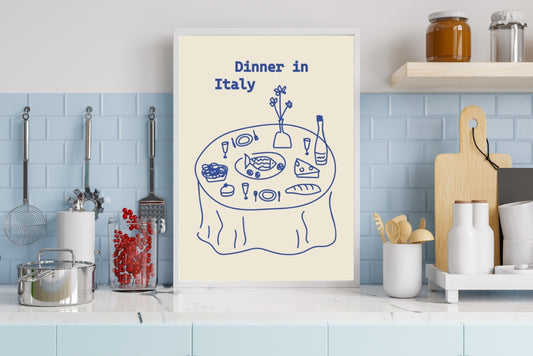 Hand-drawn Italian dinner poster with food on the table in blue, organic natural style