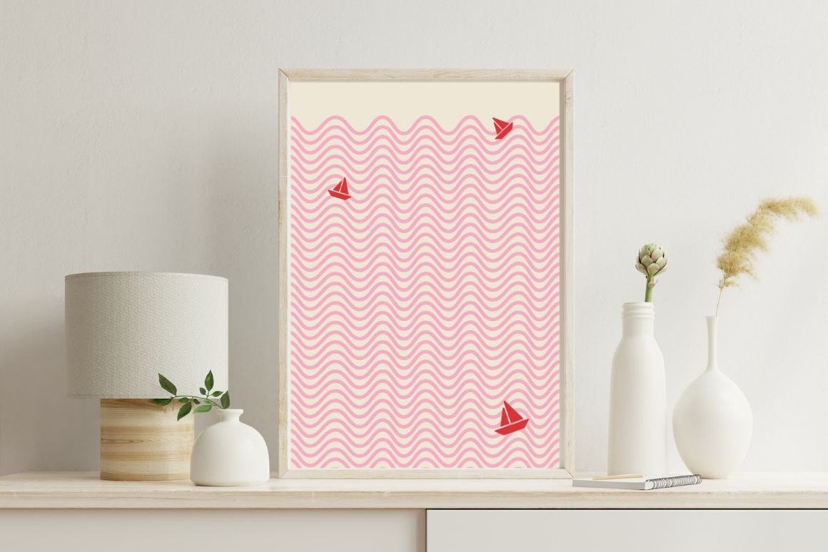 Modern pink waves and red sailboats poster for coastal home decor