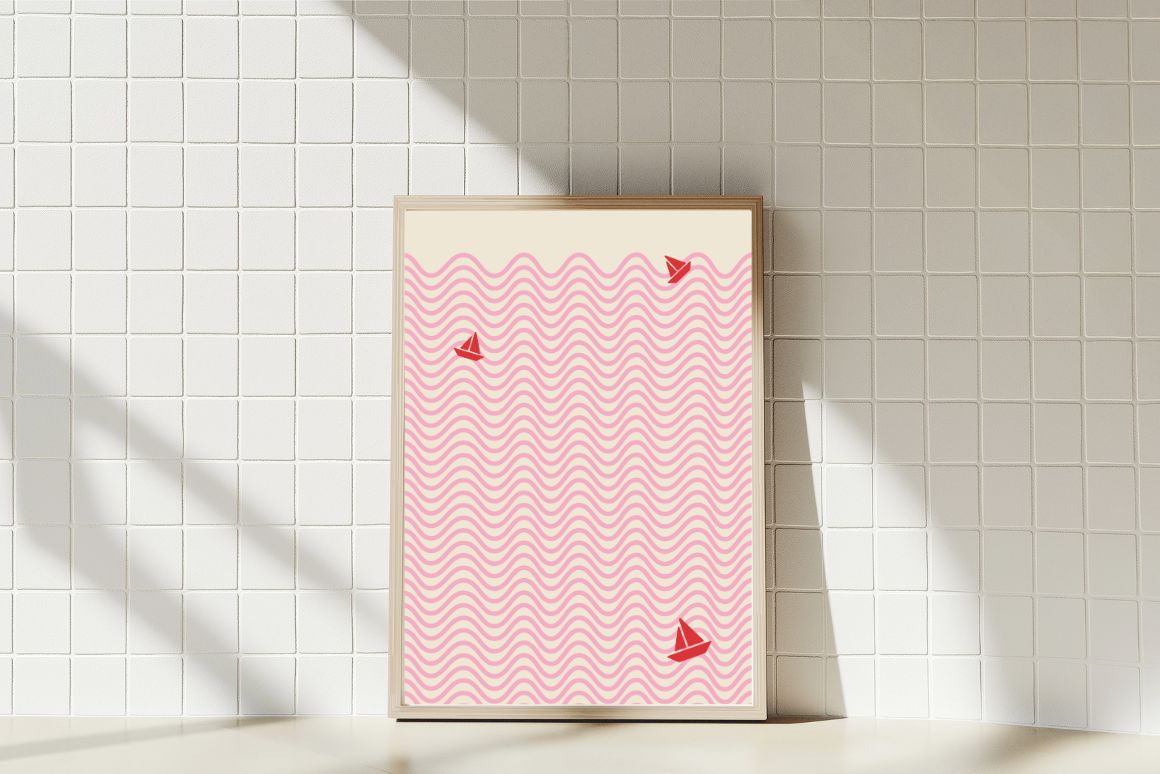 Coastal style wall art with abstract ocean waves and sailboats