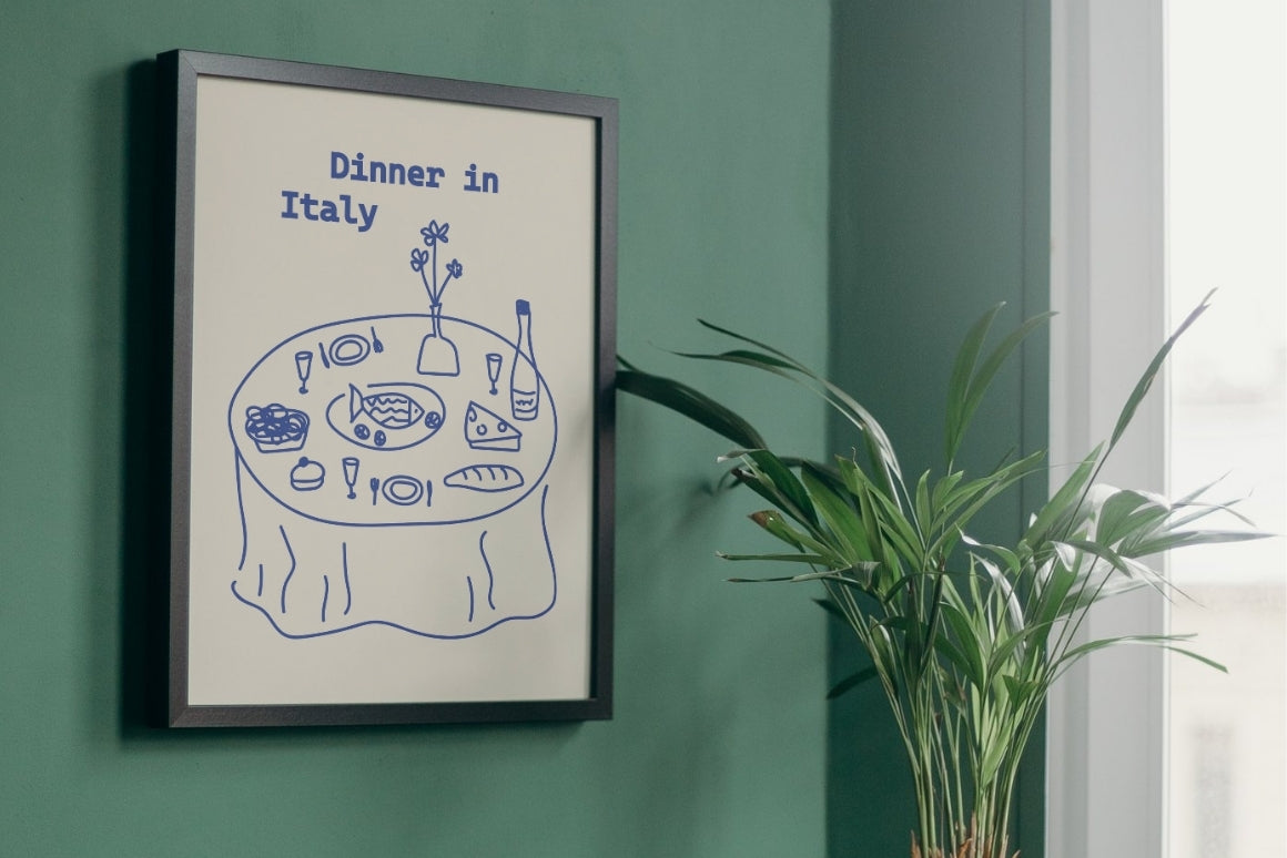 Organic line art detail of blue Italian dinner illustration 