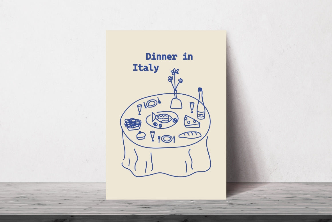 Mediterranean dinner scene illustration in organic, natural style 