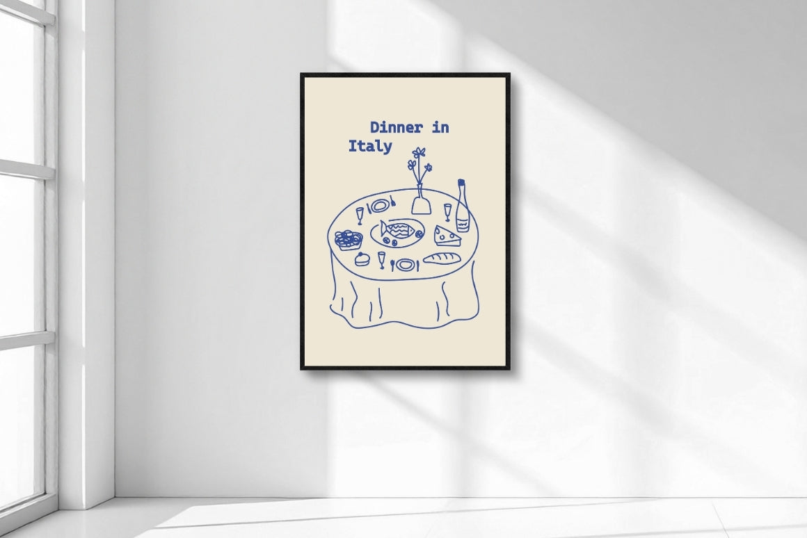 Blue Italian dinner poster in organic, natural style