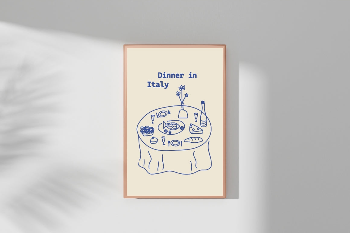 Italian dinner wall art styled in modern kitchen interior 