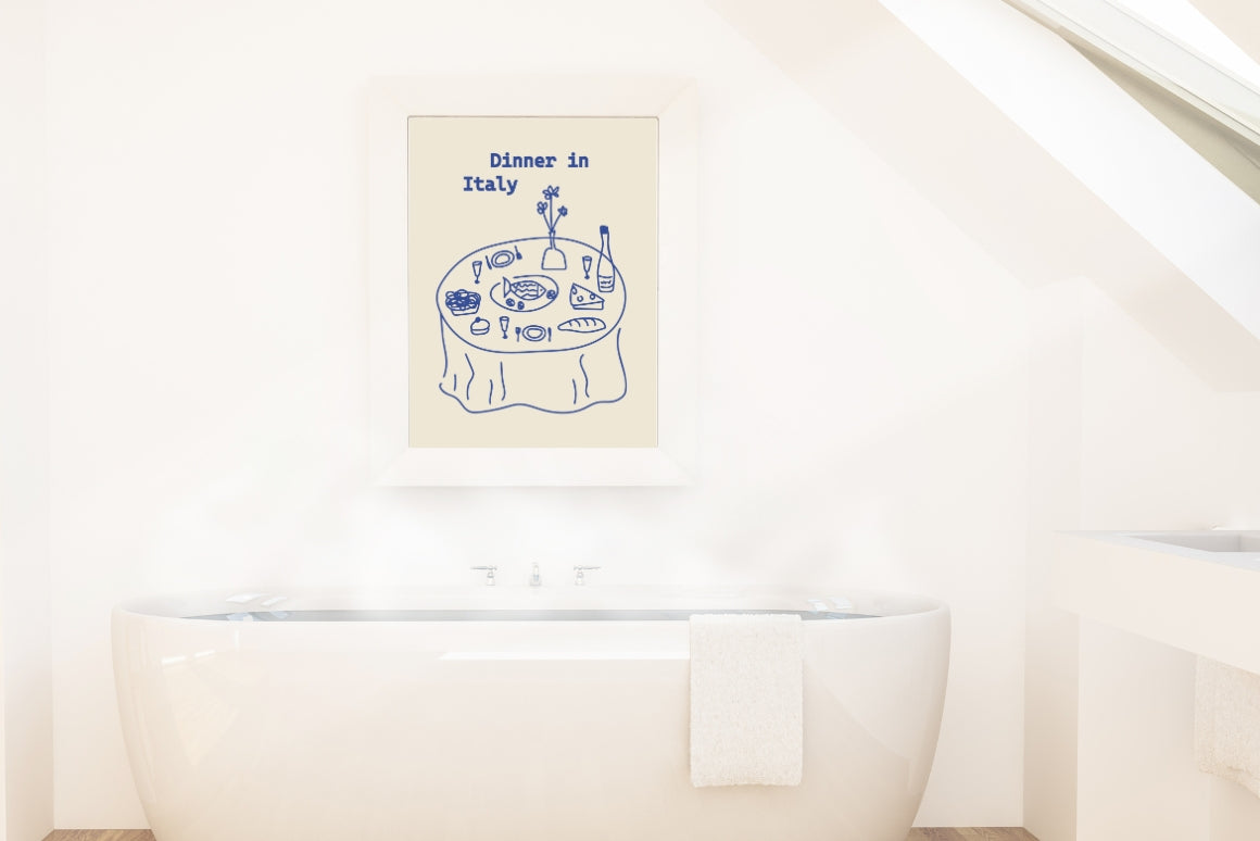 Italian kitchen wall art with hand-drawn dinner table in blue tones 