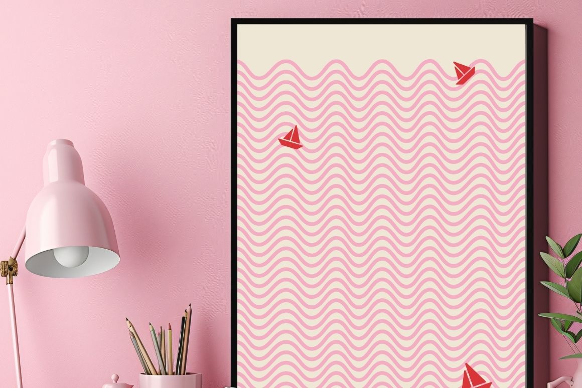 Hand-drawn abstract sea waves poster with red boats illustration