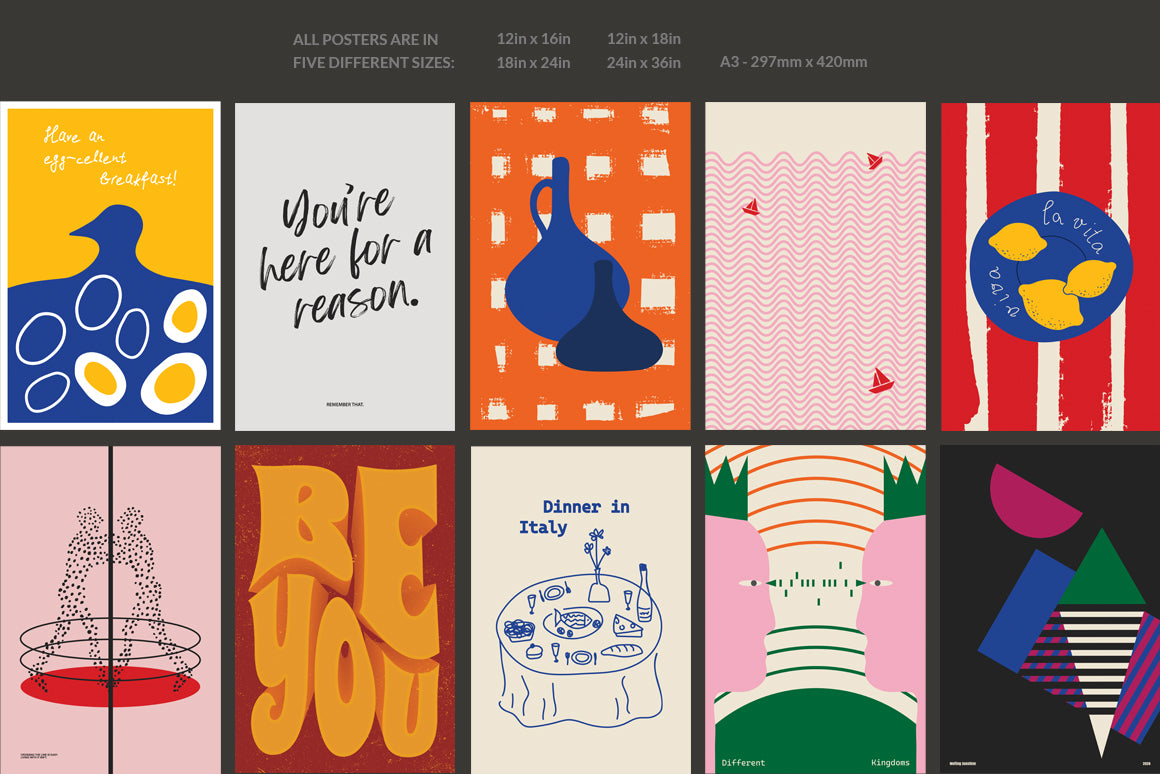 Set of various contemporary modern printable wall posters featuring modern designs and typography