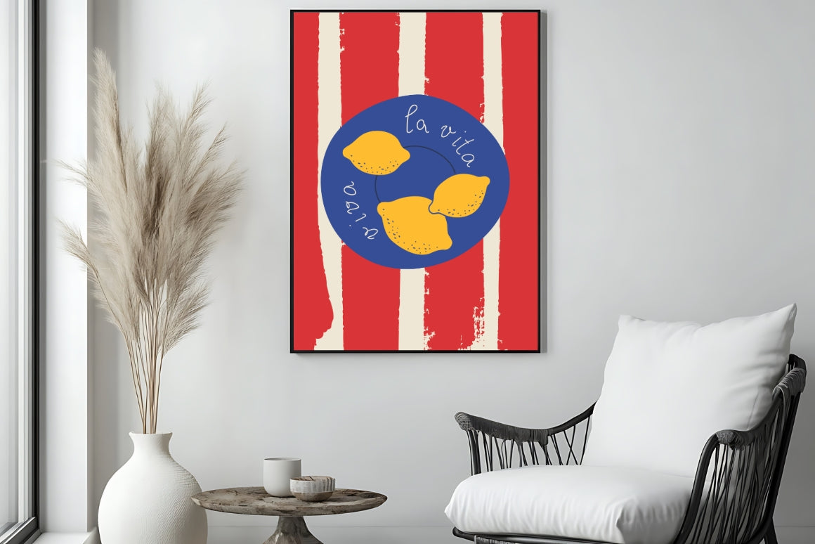 'Viva la vita' handwritten poster with lemons and Mediterranean colors
