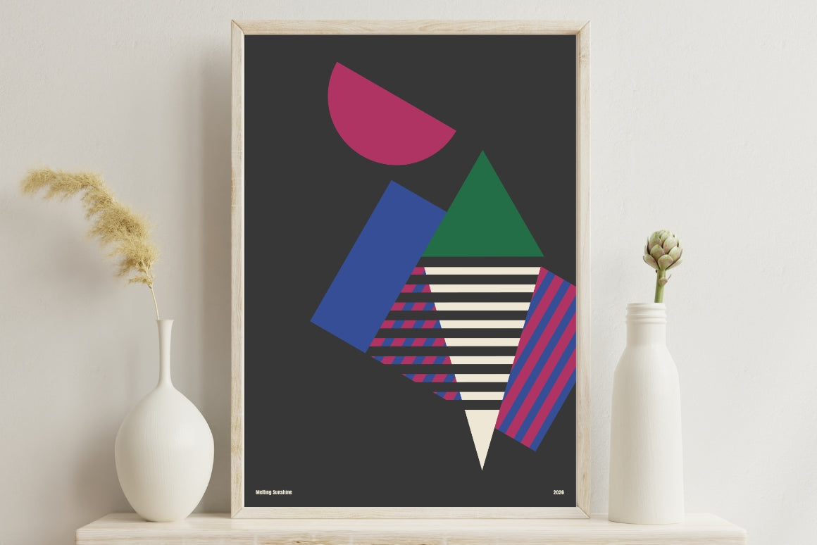 Abstract geometric summer wall art with blue, purple, and green shapes on a black background
