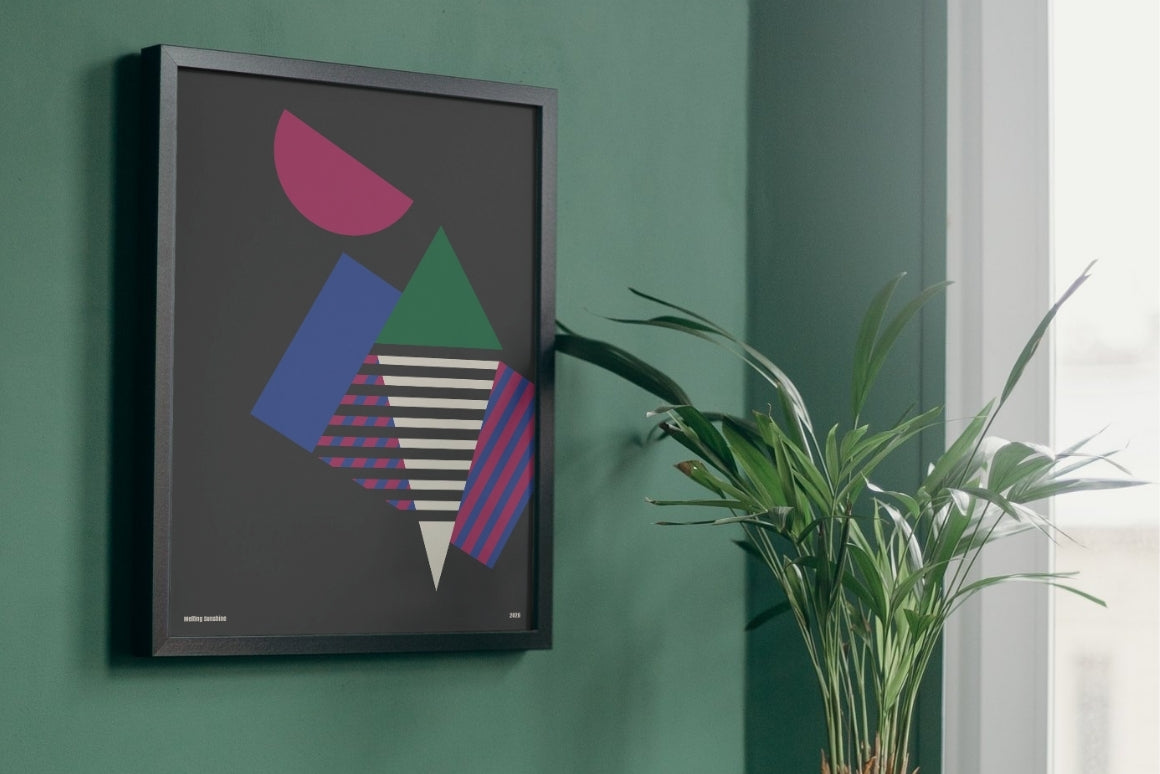 Modern abstract geometric poster featuring cool tones and a subtle summer-inspired design